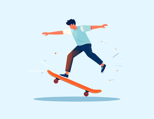 Fototapeta premium A young man in casual clothes performing a skateboard trick, balancing in mid-air with arms outstretched, against a light blue background.