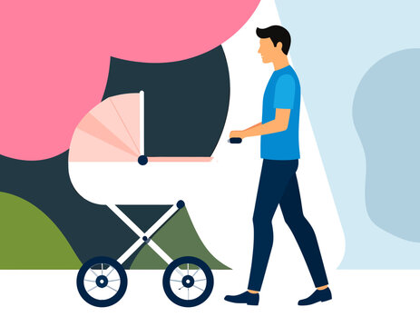 A man in a blue shirt and dark pants pushes a pink baby stroller with an abstract colorful background.