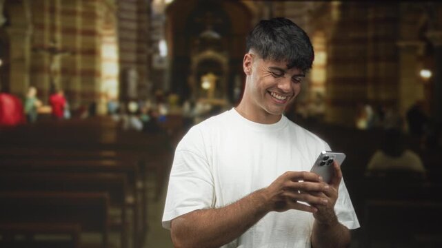 Man typing on smartphone with visible hands in ornate church nave among wooden pews and arching columns; digital connection happiness.
