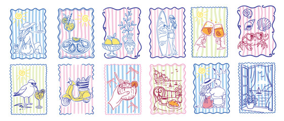 Hand-drawn summer vacation illustration set featuring beach life, travel icons, and Mediterranean vibes. Line art collection with colorful striped backgrounds including cocktails, scooter, ocean © Yuliia