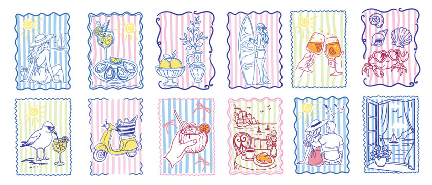 Hand-drawn summer vacation illustration set featuring beach life, travel icons, and Mediterranean vibes. Line art collection with colorful striped backgrounds including cocktails, scooter, ocean
