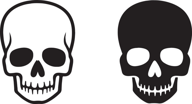 Minimalist human skull vector icons, black and white anatomical head silhouettes, set of 2 spooky cranium illustrations for Halloween and gothic design