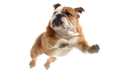 Obraz premium A bulldog leaps into the air, showcasing its playful energy and enthusiasm.