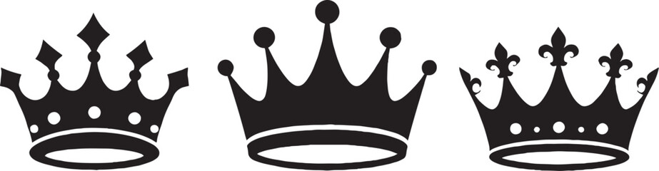Royal crown silhouettes set, black monarch tiara icons, 3 elegant queen and king headwear vectors for luxury branding and heraldic design © Adnan
