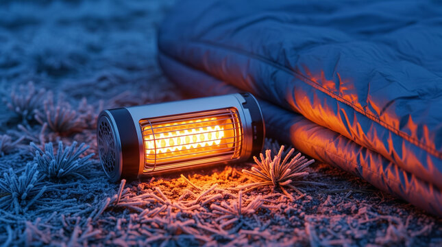 A compact, glowing orange portable heater sits on frost-covered pine needles next to a blue winter sleeping bag. Strong contrast of warm light and cold blue dawn environment, representing survival.