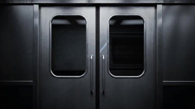 Reflective Metallic Train Doors Closing with Motion Blur of Passing Subway in Background