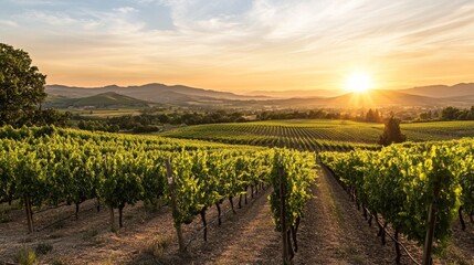 Fototapeta premium Sunset over vineyard landscape with rows of grapevines in the countryside