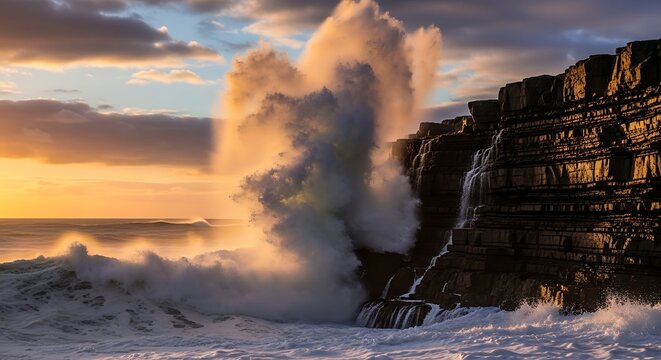 Powerful ocean waves crash against jagged coastal cliffs during a golden sunset with dramatic spray and warm atmospheric lighting illuminating the rugged shoreline