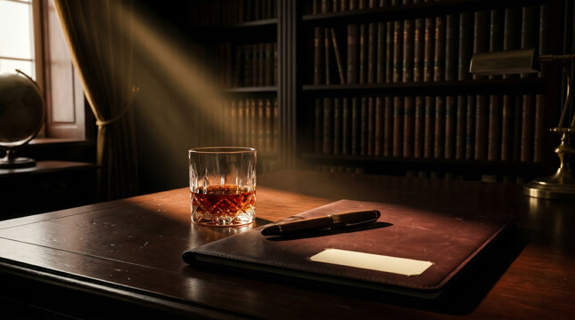 A sophisticated still life with a crystal cognac glass, fountain pen, and signed leather document folder on a polished mahogany desk in a dark, moody private library, lit by a warm light ray.