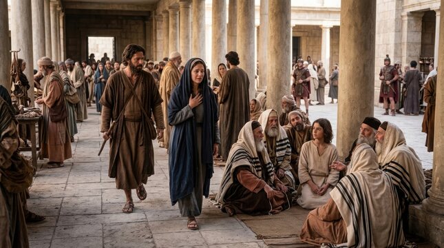 Biblical scene of mary and joseph finding young jesus in the temple