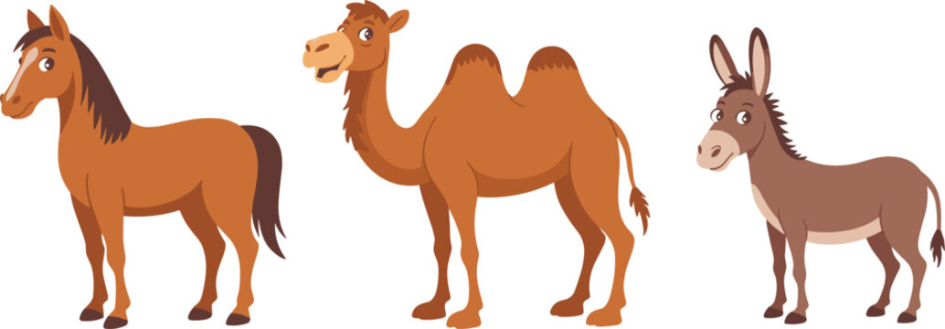 Cute cartoon farm and desert animals set featuring a standing horse, a two humped camel, and a donkey vector illustrations isolated on a white background.