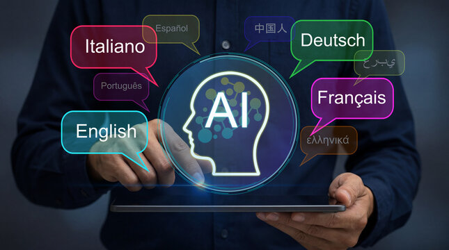 AI translation and language processing. Analysis of multilingual support, language translation, global communication, natural language processing. Businessman using tablet for AI translation.