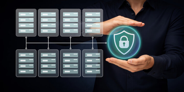 Server infrastructure security and access control concept. Analysis of network protection, server architecture, data access, system security. Businessman holding secure server infrastructure