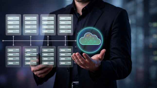Cloud infrastructure and distributed server network concept. Analysis of data storage, cloud computing, system architecture, scalable infrastructure. Businessman holding cloud infrastructure system