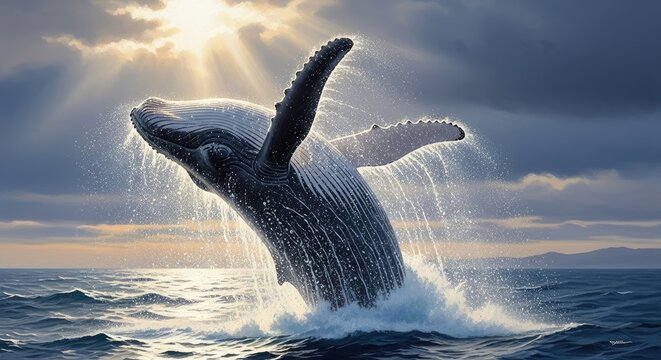 Humpback Whale Breaching Ocean Surface Sunset.