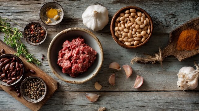 On a weathered wooden table, fresh ground beef sits alongside garlic, herbs, and spices, creating an inviting scene for delicious meal preparation in a warm kitchen setting