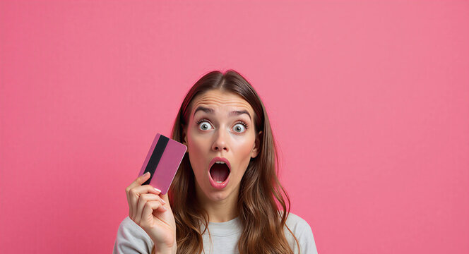 Surprised young woman holding a credit card. Caucasian girl looking shocked about online shopping or finance deals. Concept of e-commerce, banking, consumerism and money savings offer.