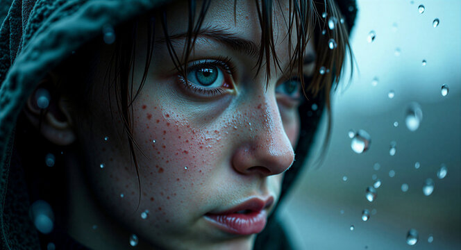 Woman with freckles looking through window with raindrops on glass. Sad girl wearing hood during rainy day. Melancholy expression, emotional portrait, weather mood, loneliness concept.