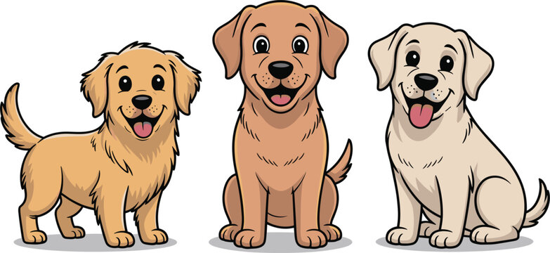 Cute cartoon golden retriever puppy set showing different poses including sitting, standing, and smiling, friendly yellow labrador dog mascot vector illustrations isolated on a white background.