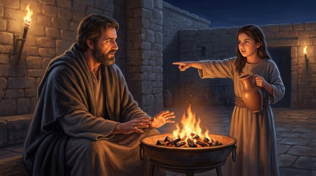 Biblical scene of peter warming himself by a fire and being questioned