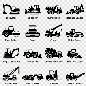 Collection of construction vehicle icons and illustrations.