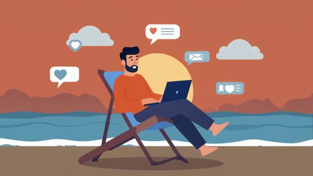 2D Animation of Digital Nomad Working on Beach with Laptop, Embracing Remote Work Lifestyle and Connectivity