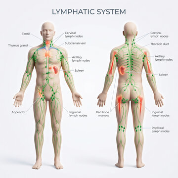 lymphatic system. Lymph nodes and ducts in female silhouette. Lymphatic vessels, tonsil, thymus, spleen in woman body. Medical anatomical poster for clinic, education.