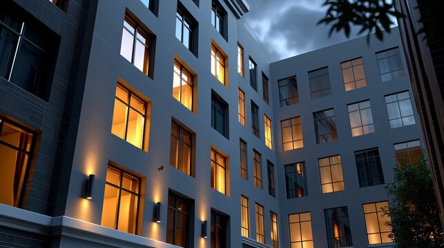 A modern building with its windows lit up at dusk will provide a professional backdrop for advertising property and architectural projects.