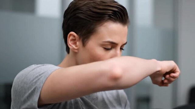 Young Woman Coughing into Elbow for Respiratory Hygiene and Virus Prevention in Public
