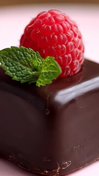 Elegant chocolate petit four slowly spinning, topped with a fresh raspberry and a mint leaf. A delightful gourmet pastry and confectionery concept