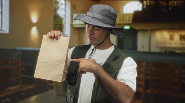 Man holding paper bag with hand, pointing finger and touching chin strap in building; curiosity exploration.