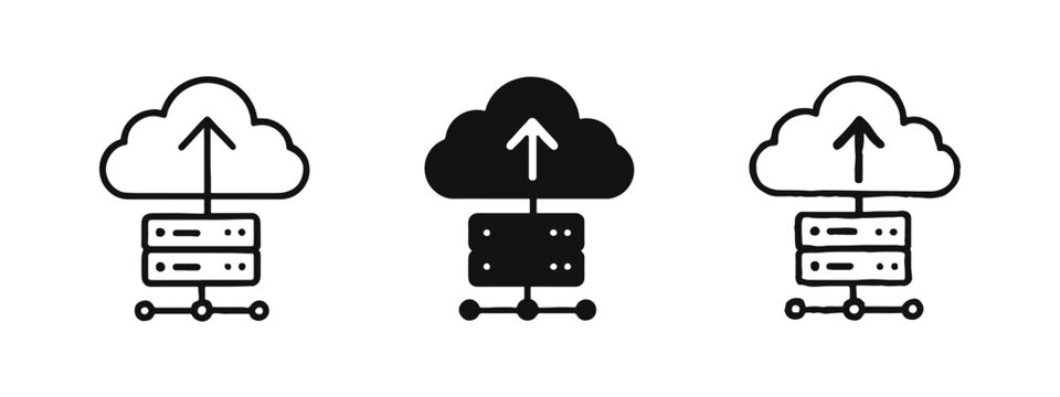Cloud upload and server backup icon set showing data migration to the cloud