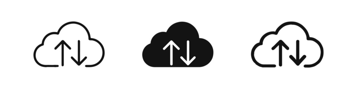 Cloud synchronization and data transfer icon set with up and down arrows