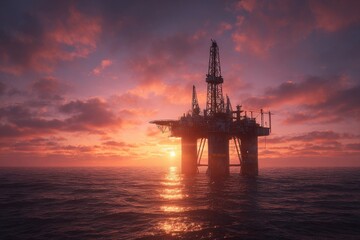 Obraz premium Silhouette of an offshore drilling platform against a fiery sunset horizon