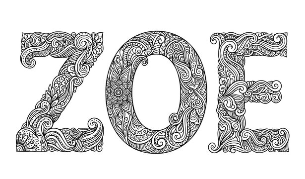 Zoe name zentangle vector decorative typography with intricate pattern design isolated on white