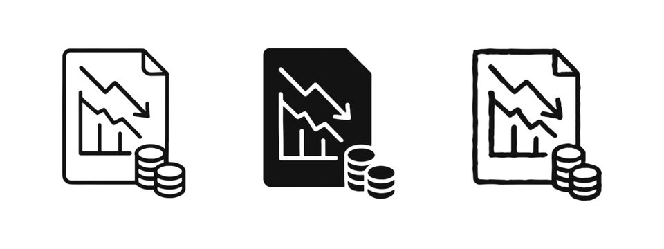 Financial Loss Document and Coins Icon - Economic Crisis Report and Declining Budget Symbols