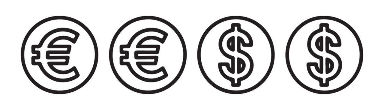 Euro and dollar currency coin icons in thin line circle frames for global financial exchange market.