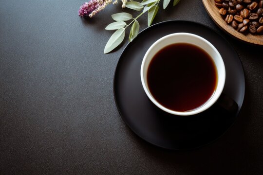 新鮮な葉とロースト豆が近くにあるブラックコーヒーカップ
