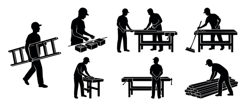 Construction worker silhouettes icon set, builders and carpenters performing manual labor tasks, featuring tools, wood planks, workbench, ladder, and cleanup activities for industrial building project