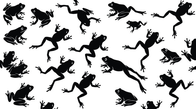 Diverse Frog Silhouette Vector Set with Various Jumping Sitting and Climbing Poses for Nature Themed Graphic Design Wildlife Projects and Educational Biology Materials