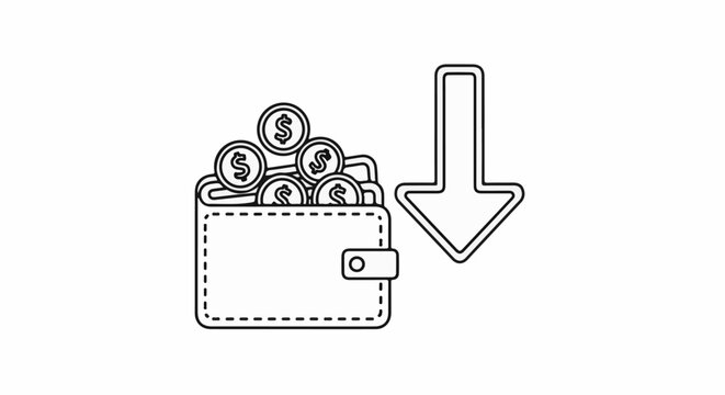 Outline of a wallet overflowing with coins, with a downward arrow