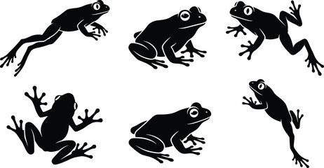 Obraz premium Black Silhouette Set of Frogs and Toads in Various Poses Including Jumping Climbing and Sitting for Nature Wildlife and Pond Environment Graphic Designs