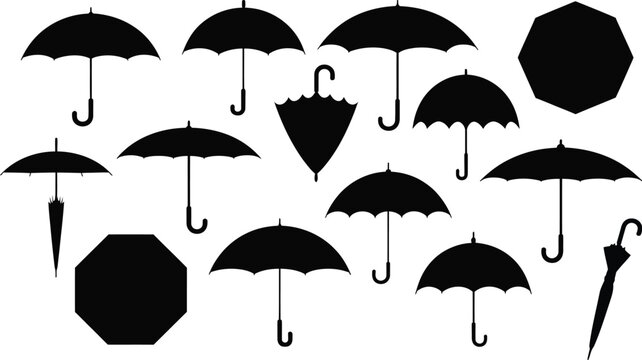 Set of black umbrella icons and silhouettes for weather protection and rain gear design elements isolated on white vector illustration.