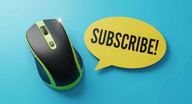 Computer mouse with subscribe button on blue background