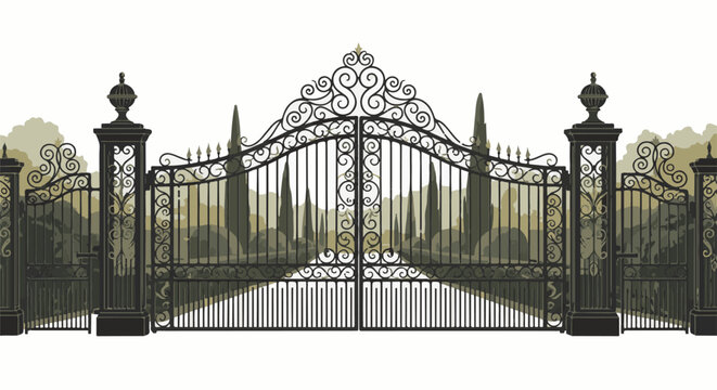 Ornate wrought iron gate opens to manicured trees and a distant landscape