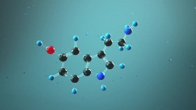 Serotonin molecule 3D 4k animation in liquid environment. Endless loop, ProRes 4444.