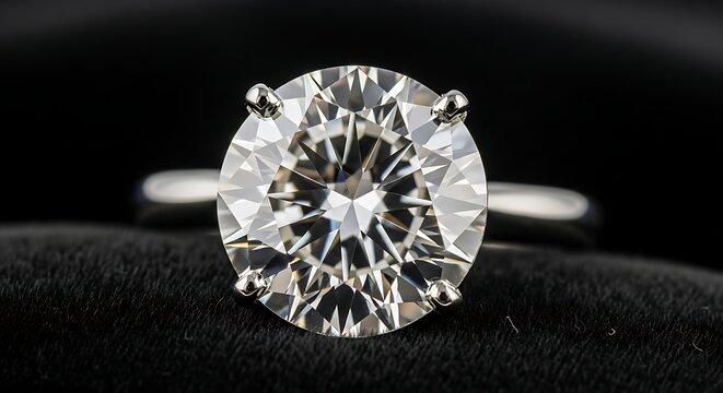 Elegant diamond solitaire engagement ring featuring a brilliant cut gemstone set in polished platinum resting on a soft luxurious deep black velvet texture background