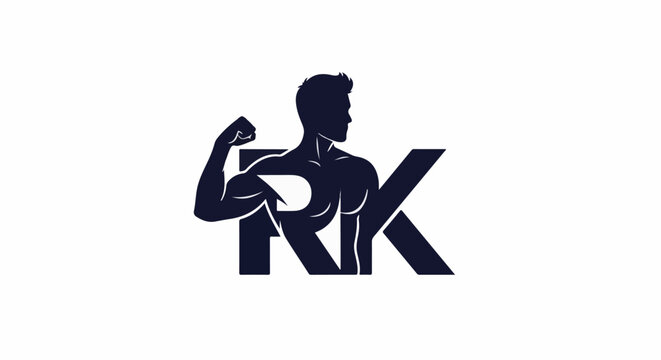 Muscular male silhouette flexing arm over bold letter R and K