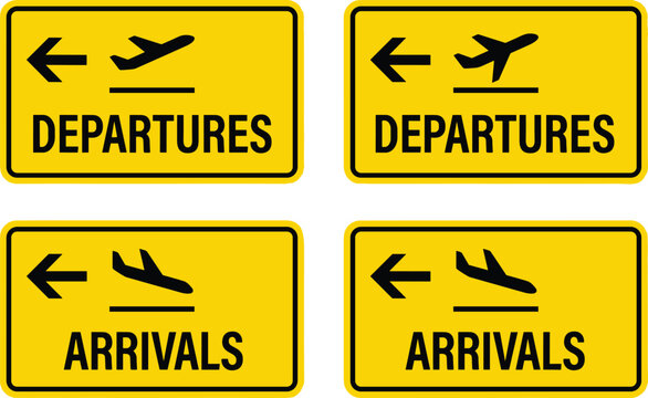 Vector airport sign set featuring arrivals departures symbols, airplane direction icons, terminal navigation, and travel transportation guidance signage.