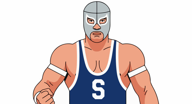 Muscular wrestler in a blue singlet with a silver mask and white trim